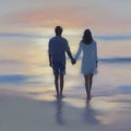 Couple holding hands on the beach at sunset. AI-Generated.