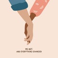 Couple holding hands card for Valentines day with greeting quote. Romantic relationship vector illustration.