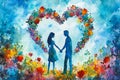 A couple is holding hands in a heart shaped wreath. The wreath is filled with flowers and leaves, and the couple is Royalty Free Stock Photo