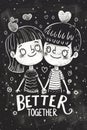 Couple holding hands illustration with hearts and better together text Royalty Free Stock Photo