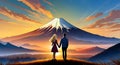 couple holding hands, mt fuji, sunset, bright sky with background, sunset art