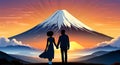 couple holding hands, mt fuji, sunset, bright sky with background, sunset art