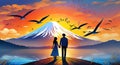 couple holding hands, mt fuji, sunset, bright sky with background, sunset art