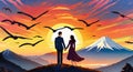 couple holding hands, mt fuji, sunset, bright sky with background, sunset art