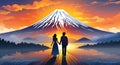 couple holding hands, mt fuji, sunset, bright sky with background, sunset art