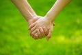 Couple holding hands in the Park. Hold on, hands, couples. Couple hold hand in the autumn or summer park. Closeup of Royalty Free Stock Photo