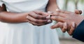 Couple, holding hands and ring for marriage, commitment or wedding in ceremony, love or support. Closeup of people Royalty Free Stock Photo