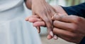 Couple, holding hands and ring for marriage, love or wedding in ceremony, commitment or support. Closeup of people Royalty Free Stock Photo