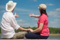 Couple holding hands show at the sky hands Royalty Free Stock Photo