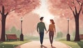 A couple holding hands and smiling at each other in a romantic park. The beautiful surroundings of a park add to the Royalty Free Stock Photo