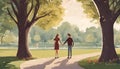 A couple holding hands and smiling at each other in a romantic park. The beautiful surroundings of a park add to the Royalty Free Stock Photo