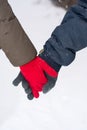 Couple holding hands in snow covered park