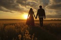 Couple Holding Hands in Sunset Field Royalty Free Stock Photo