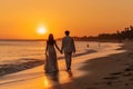 Couple Holding Hands Walking Along a Beach at Sunset. Generative ai Royalty Free Stock Photo