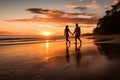 Couple Holding Hands Walking Along a Beach at Sunset. Generative ai Royalty Free Stock Photo