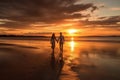 Couple Holding Hands Walking Along a Beach at Sunset. Generative ai Royalty Free Stock Photo