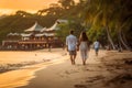 couple holding hands, walking along the sandy beach with the blurred background of tropical surroundings, Generative AI Royalty Free Stock Photo