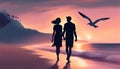 A couple holding hands and walking on a beach at sunset. The sky is orange and pink, and the ocean is calm. There Royalty Free Stock Photo