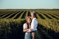 Couple holding hands and walking on green meadow. Romantic couple having fun in the field. A beautiful couple in the Royalty Free Stock Photo