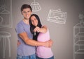 Couple Holding key with home room drawings in front of vignette Royalty Free Stock Photo