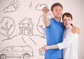 Couple Holding key with house home drawings in front of vignette Royalty Free Stock Photo