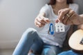 Couple holding new house key in their hands and buying a new home and are moving together.business and real estate concept Royalty Free Stock Photo