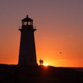 Silhouette shot of couple holding hands. Valentine. Peggy's Cove Lighthouse, Halifax, Nova Scotia, Canada