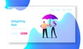 Couple Holding Umbrella Walking in Rainy Weather Landing Page Template. Speaking, Enjoying Relation, Love. Pair Outdoors