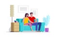 Couple at home sitting on sofa. Vector illustration