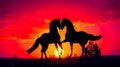 Couple of horses standing next to each other in front of sunset. Generative AI Royalty Free Stock Photo