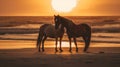 A couple of horses standing on top of a sandy beach. AI generative image.