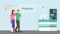 Couple in hospital flat vector illustration. Happy young man and woman with broken leg on crutches cartoon characters