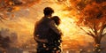 couple hugging and enjoying a sunset autumn evening, banner, poster, back view Royalty Free Stock Photo