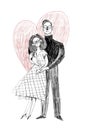 The couple hugs a heart symbol background, a romantic pencil drawing. Picture of Valentine's Day, anniversary of a