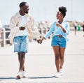 Couple ice cream, promenade summer walking and love, relax and carefree fun together outdoors. Young black people Royalty Free Stock Photo