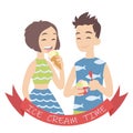 Couple with ice cream. Vector illustration of european pair isolated on white background. Boy with hand-packed portion