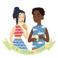 Couple with ice cream. Vector illustration of multicultural pair on white background. African boy with hand-packed