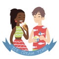 Couple with ice cream. Vector illustration of multicultural pair on white background. European boy with hand-packed