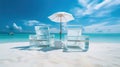 Couple of ice deck chairs on the beach, refreshing concept. Vacation on the hot shore with cold chairs. Generated AI.