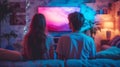 Couple immersed in holographic screen in futuristic home, tech innovation