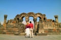 Couple Impressed by the Ancient Zvartnots Cathedral, Famous Ruins in Armavir Province, Armenia