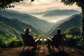A couple of individuals sit on a lush green hillside, taking pleasure in the scenic beauty, Tranquil afternoon in a coffee