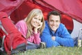 Couple Inside Tent On Camping Holiday Royalty Free Stock Photo