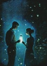 Couple with a jar of fireflies digital painting