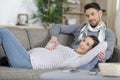 couple joyful to feel their baby move in ladys tummy Royalty Free Stock Photo