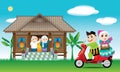 A couple is just arrive their home town, ready to celebrate Raya festival with their parents. With village scene.