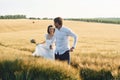 Couple just married. Together on the majestic agricultural field at sunny day Royalty Free Stock Photo