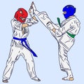 A couple of karate or taekwondo. Fight in vector action. Kick from 3d art