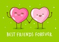 Couple of kawaii pink hearts holding hands on green background Vector characters for Valentines day cute design