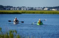 A couple on a kayak by the bay near Bethany Beach, Delaware, U.S